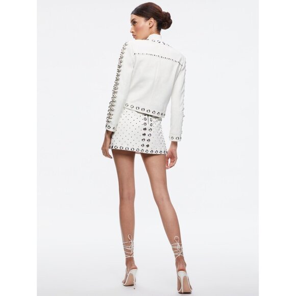 ALICE + OLIVIA Women's Kidman Embellished Leather Jacket Size S In White/Silver - Picture 2 of 14